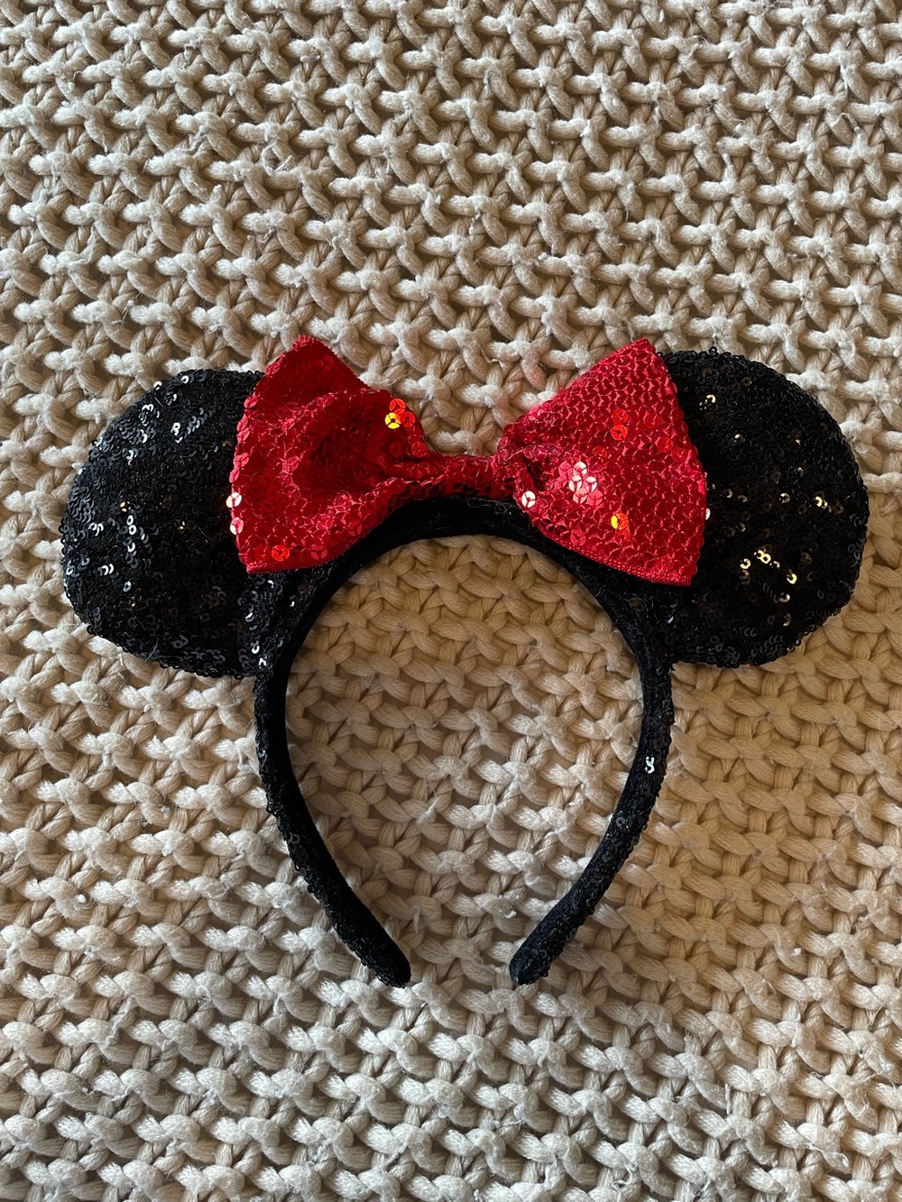 Disney Parks Classic Minnie Mouse Sequin Ears Headband Black & Red